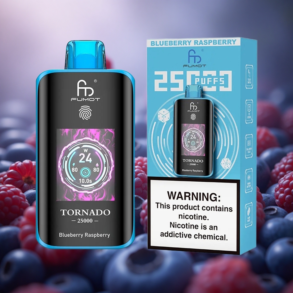 Fumot Tornado 25000 Pūkštelių Mėlynųjų Aviečių ir Aviečių Skonis su 700mAh Akumuliatoriumi ir 20ml Skysčio